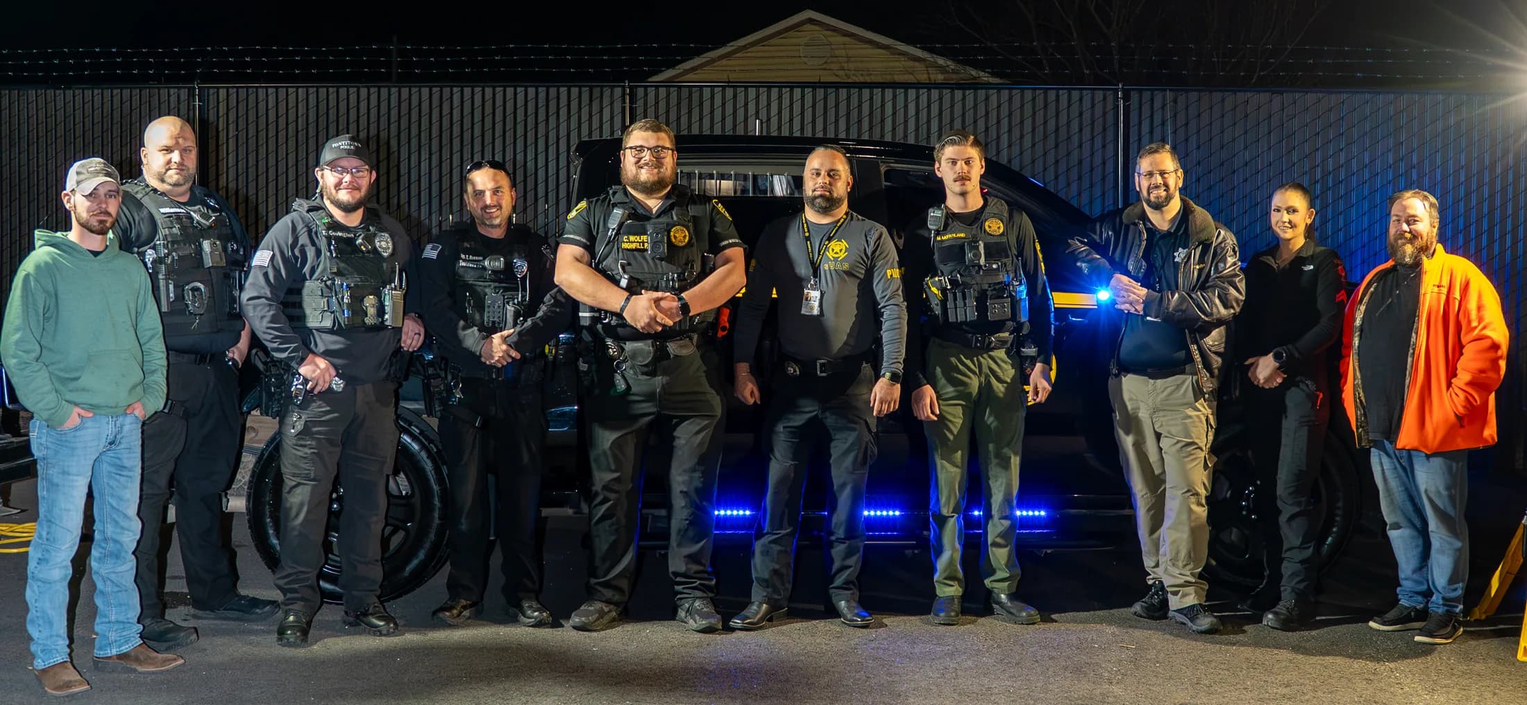 Highfill Police Department drone training group with vehicle